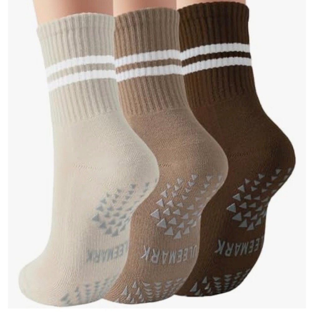 Uleemark 3 Pair Non Slip Yoga Socks Crew Grip Pilates Barre Earth Tones Striped